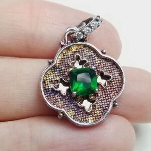 Vintage Unique Green Rhinestone Pendant Charm, Silver Tone Setting, Estate